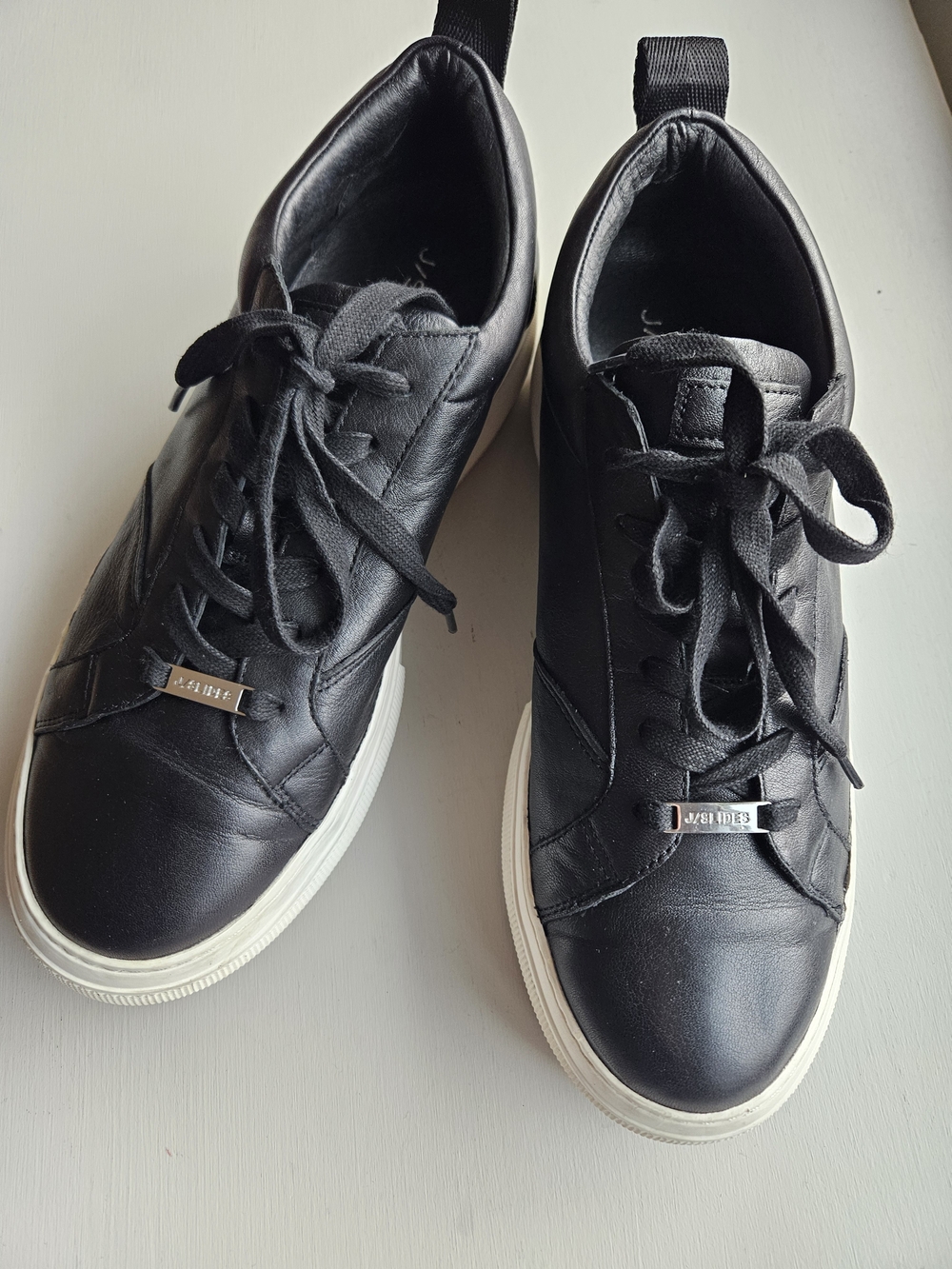 J Slides Black Leather Sneakers with Cream Platform